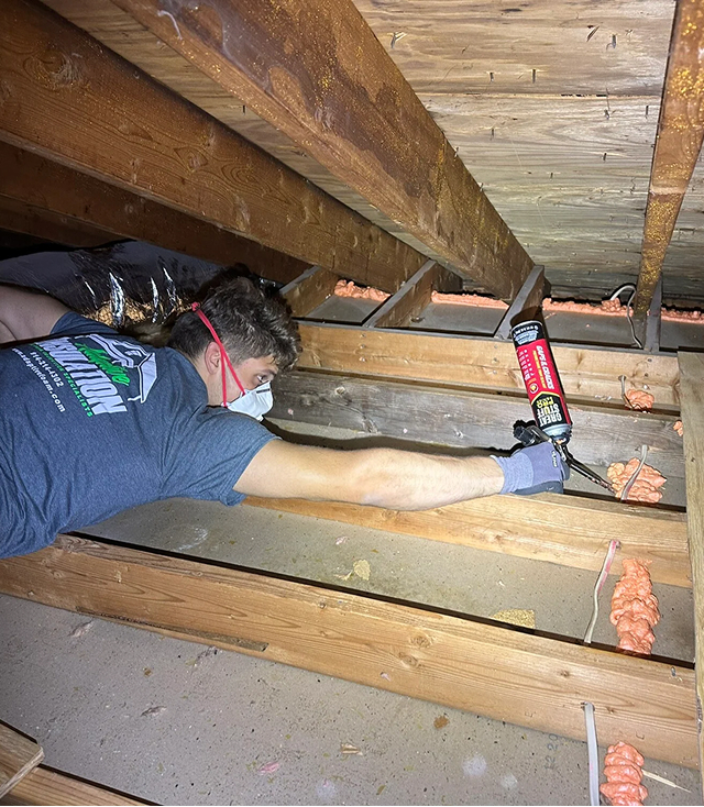 Worker wearing a mask applies expanding foam sealant to wooden joists in a crawlspace to seal gaps and improve insulation.
